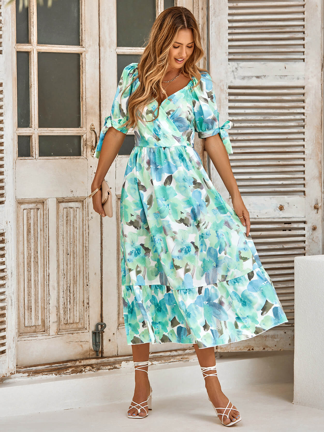 TANYA PAINTING FLORAL SHORT SLEEVE MAXI DRESS - TURQUOISE