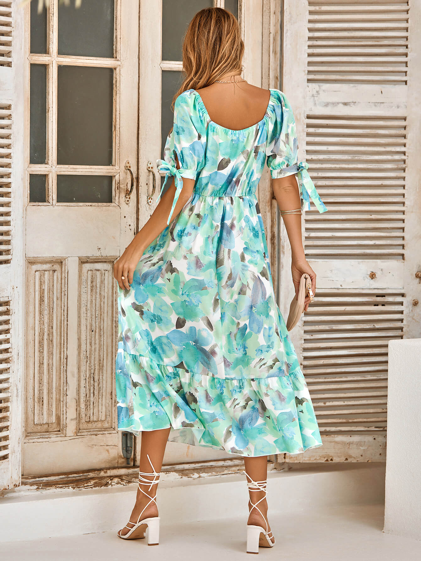 TANYA PAINTING FLORAL SHORT SLEEVE MAXI DRESS - TURQUOISE