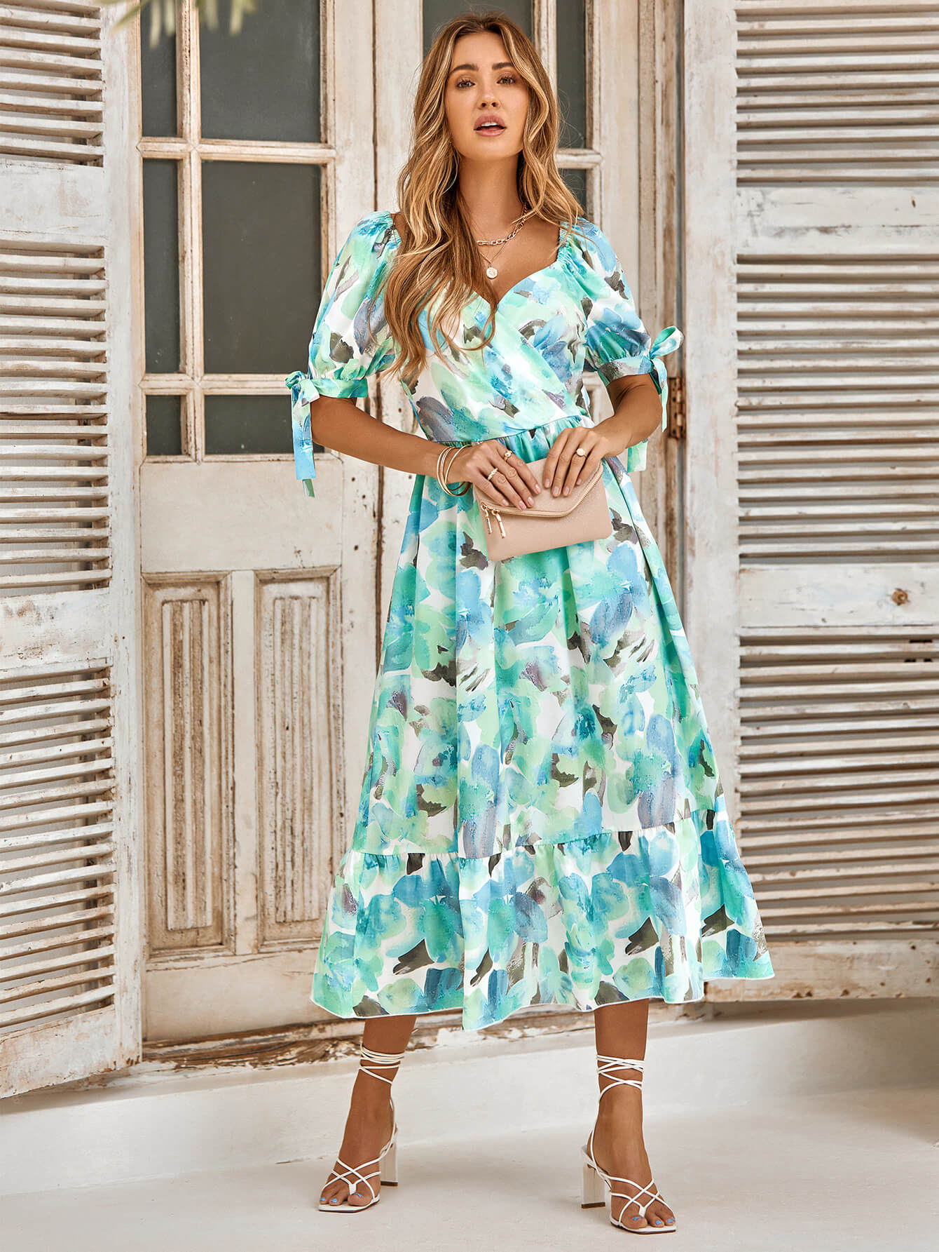 TANYA PAINTING FLORAL SHORT SLEEVE MAXI DRESS - TURQUOISE